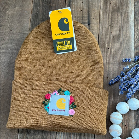 Carhartt brown beanie with pink and teal flowers - Picture 1 of 2